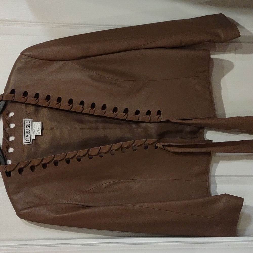 100% brown leather tie jacket